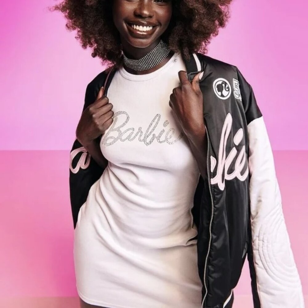 Boohoo Barbie Rhinestone Slogan Rib Knit Bodycon Mini Dress
